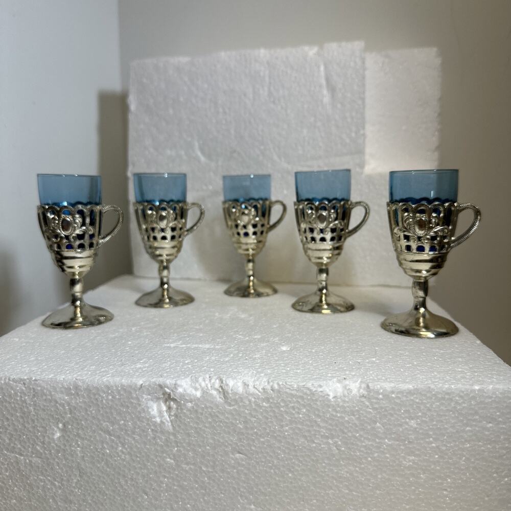 Vintage Set (5) Cobalt Blue Cordial/Shot Glasses Silver with Metal Holders